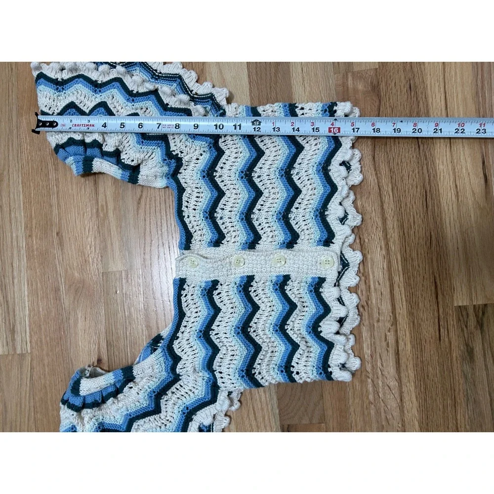 Zara Chevron Crochet Crop Top Womens Med Blue Cream Boho Zigzag Hippie